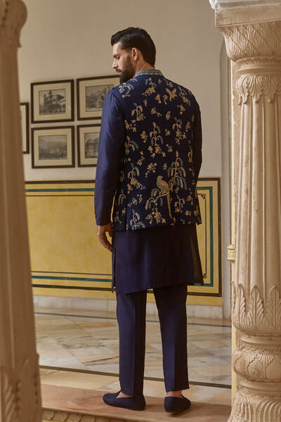 Azar Embroidered Silk Nehru Jacket - Navy Blue